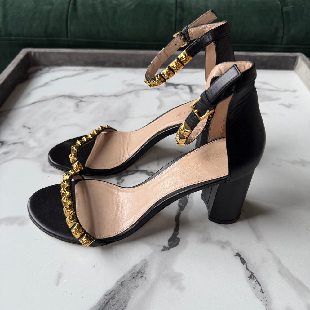 Stuart Weitzman Rosemarie Black Leather Studded Sandal Heels Size 9.5 - Picture 5 of 10